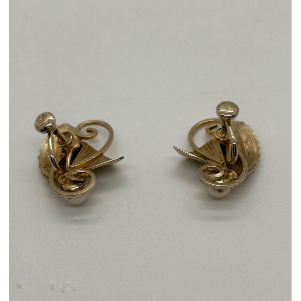 Vintage Loran Sim Faux Pearl Leaf Design Screw Back Earrings 1/20 12k Gold Fille - Picture 4 of 8